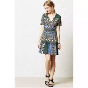 Plenty by Tracy Reese Geometric Blue Yellow Boho Pattern Skater Dress Size 4